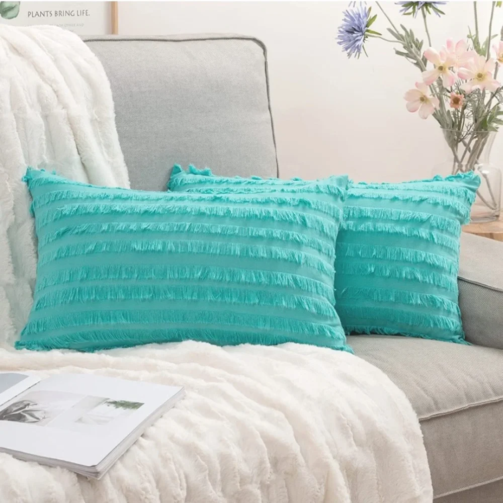 Luxury Home | Boho Chic Turquoise Frayed Striped Jaquard Lumbar Pillow Covers